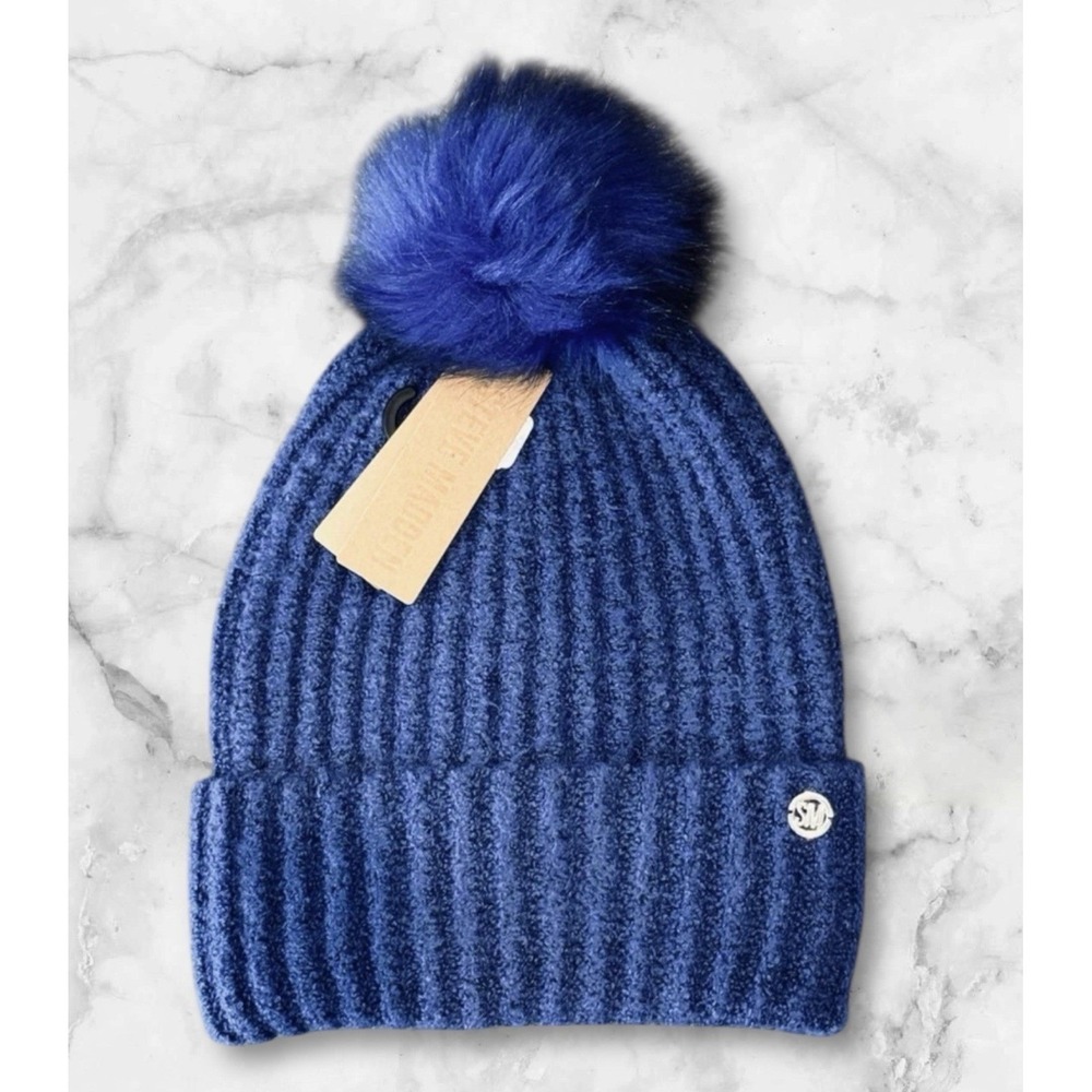 Steve Madden Woman's Cloud Knit Faux Fur Pom Pom Beanie Hat Cobalt Blue One Size